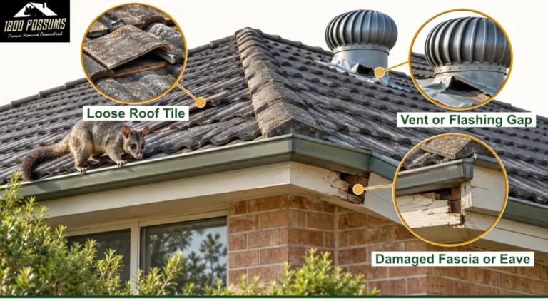 Annotated roof showing a loose tile, vent gap and damaged fascia as possible possum entry points.