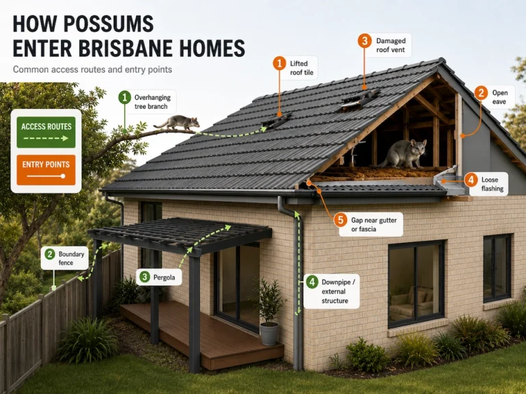 Diagram showing common possum climbing routes and roof entry points