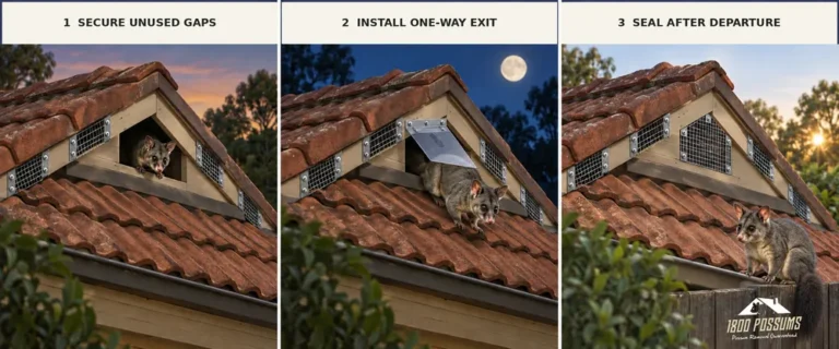 Three-step sequence showing unused roof gaps secured, a possum leaving through a one-way flap and the final opening sealed.