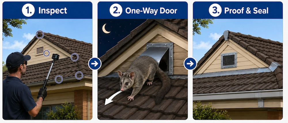 Three step humane possum exclusion process using inspection one way door and roof proofing