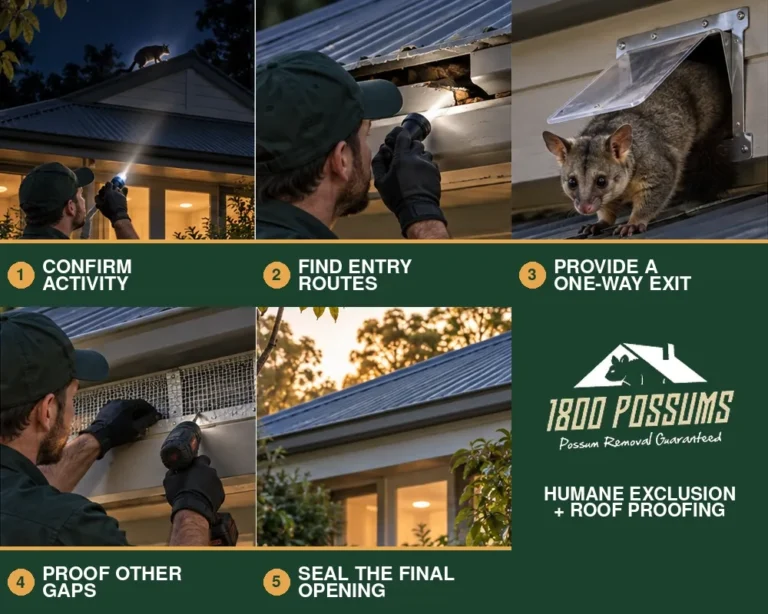 Five-step process showing inspection, entry-route identification, one-way exclusion, roof proofing and final sealing.