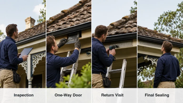 Humane possum roof proofing process showing inspection, one-way exit access, and final sealing on an older home.