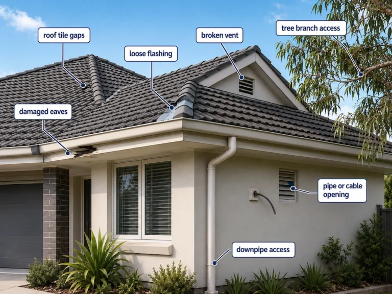 Multiple roof and exterior entry points possums may use around a home