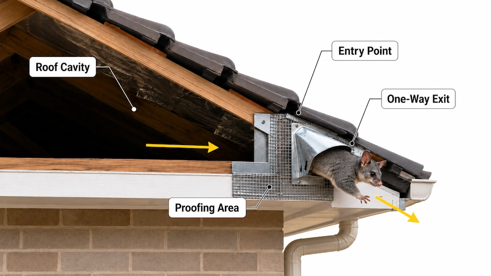 Diagram showing a possum leaving a roof cavity before entry points are sealed