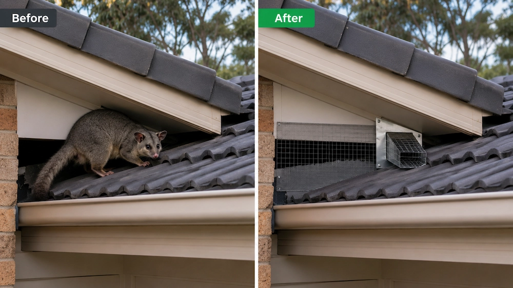 Before and after comparison showing roof entry point proofed after possum removal