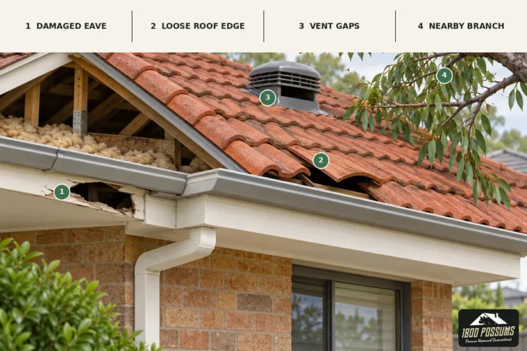 Australian tiled roofline marked with a damaged eave, loose roof edge, vent gap and nearby tree branch as possible wildlife entry points.